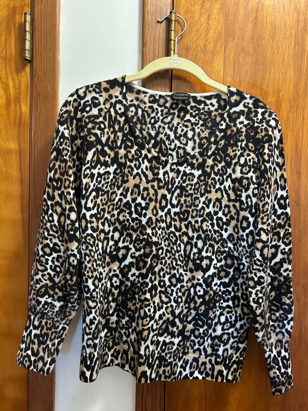 Talbots Merino Wool Leopard Print V-Neck Pullover Sweater - Black/Brown/White